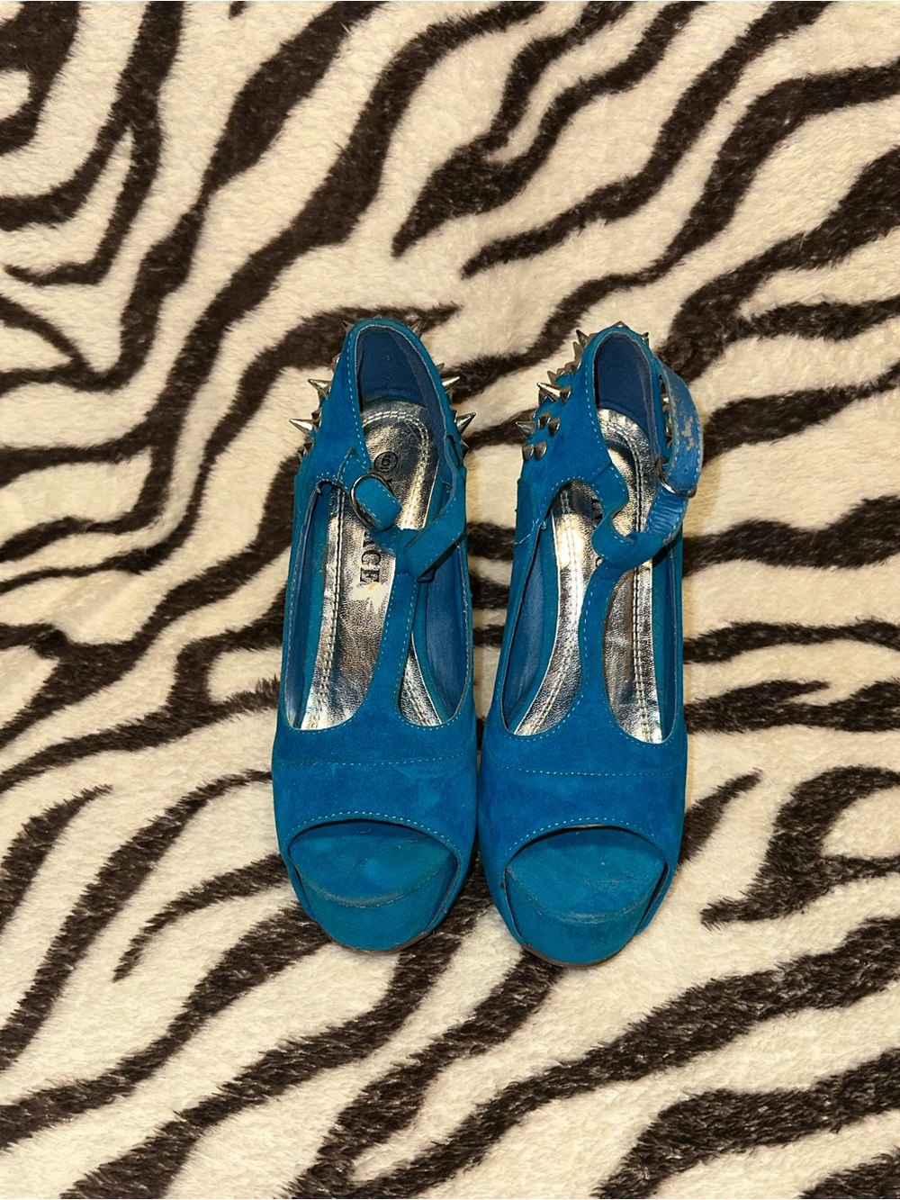 Blue Women's Suede Peep-Toe Heels with Studded Ankle Strap